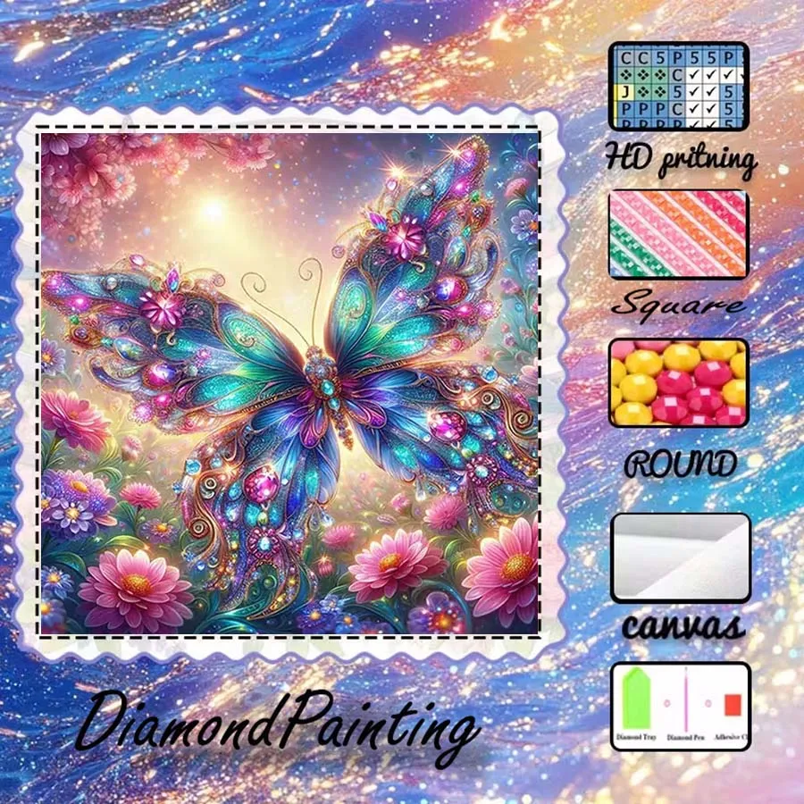 1 piece 5D DIY flocking cloth, special drill, diamond painting kit, butterfly, flower, pattern mosaic, diamond art