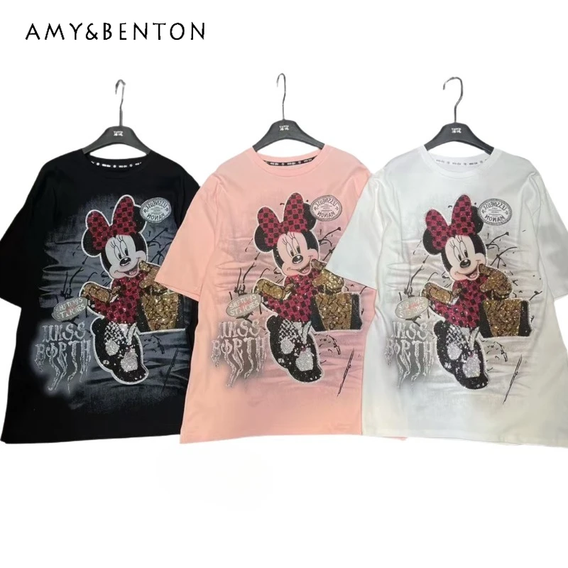

American Literary Retro Short-sleeved T-shirt Women's Washed Old Loose Solid Color Digital Inkjet Printing Bead Embroidered Tees