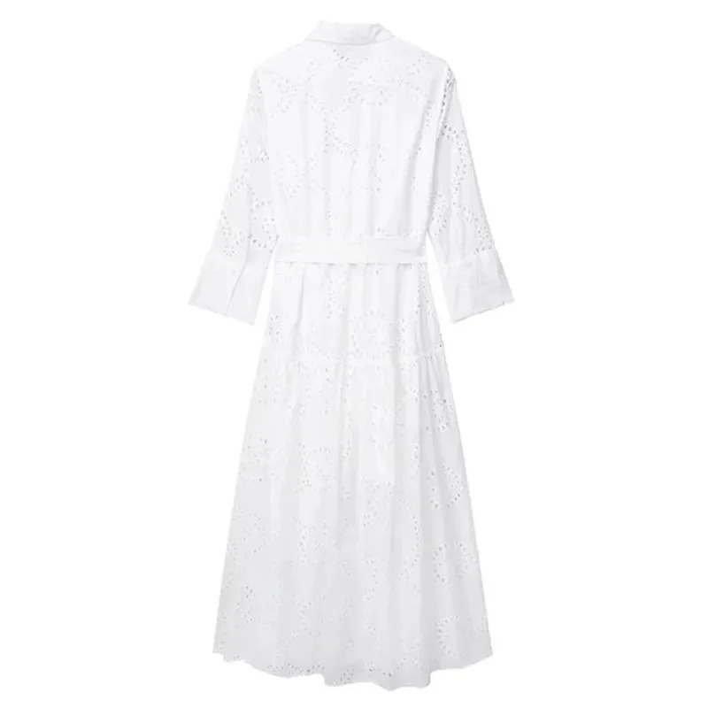 أنيقة شيك فساتين طويلة النساء 2025 جديد الصيف الأبيض واحدة الصدر قطع التدريجي المطرزة حزام فستان عطلة الشاطئ فساتين متوسطة الطول