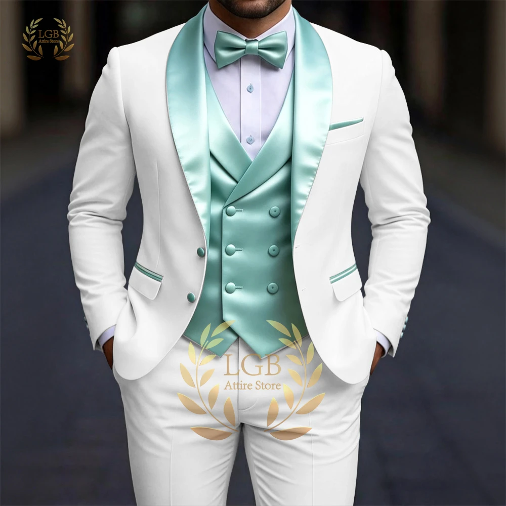 Men's 3 Piece Suit Double Breasted Mint Satin Lapel Jacket Vest Pants Set Fashion Gentleman Wedding Reception Attire