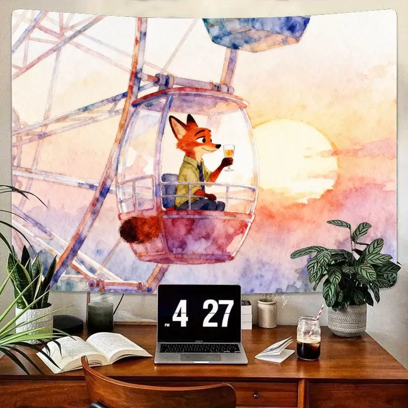 

1 шт. гобелен «Зверополис», «Ник Уайльд», акварельное колесо обозрения, настенное искусство на закате, эстетический полиэстер, домашний декор, подарок для фанатов