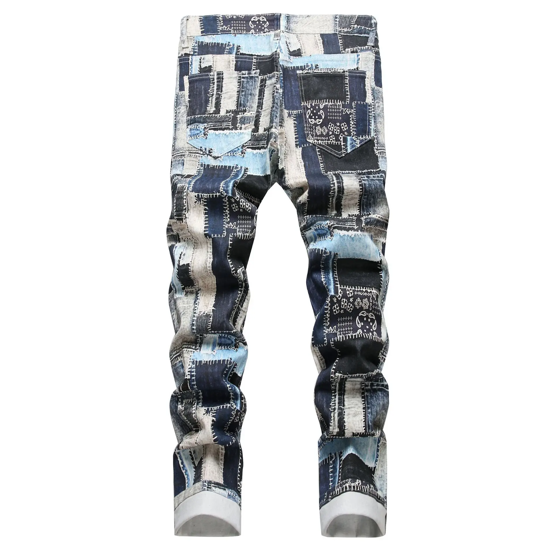 Best-selling Men's Stretch Jeans, Blue Checkered Denim Pants, Casual Trousers in Asian Sizes.