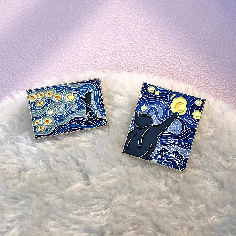 Van Gogh Oil Painting Enamel Pins Custom Starry Night Cats Brooches Lapel Badges Fun Animal Art Jewelry Gift for Kids Friends