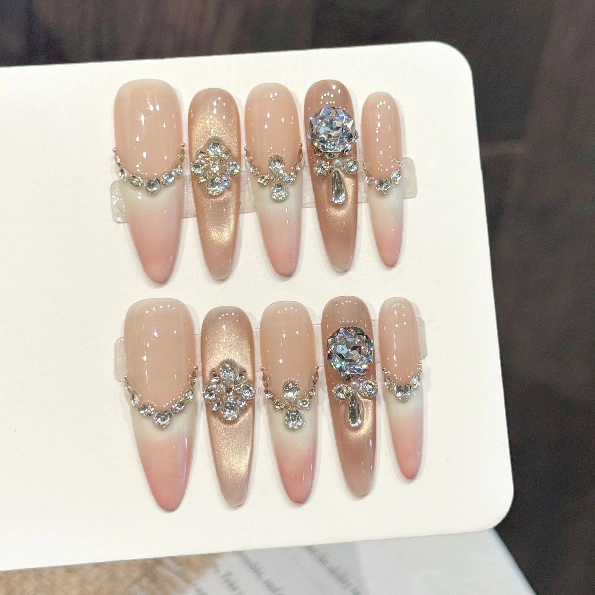 

10PCS Stiletto Handmade Press On Nails,Pink Gold Gradient Style,Suitable For Festivals Parties And Daily Wear.
