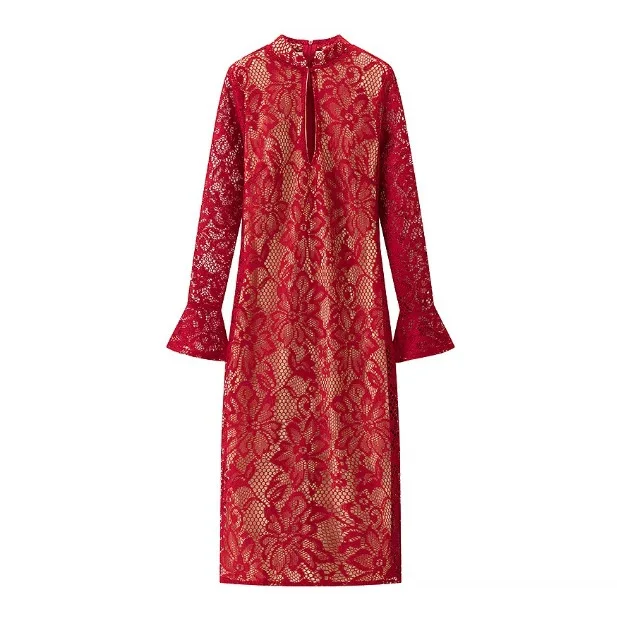 DSMTRC femme fête Chic dame à manches longues robes Sexy hanche paquet évider robes de soirée Chic dentelle moulante Midi Robe femmes