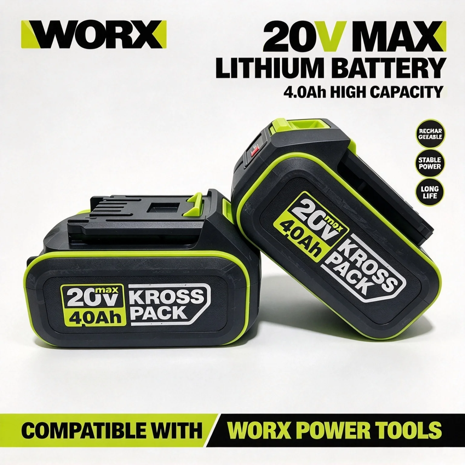 WORX 20V MAX 8.0Ah High Capacity Lithium Ion Battery Long Life KROSS PACK Rechargeable Battery for Various Electric Power Tools