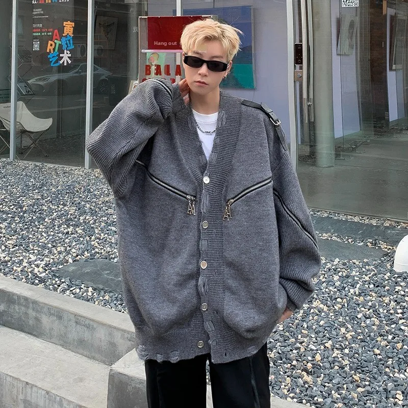 

Мужской кардиган с V-образным вырезом на молнии, большие размеры, осенне-зимний, из полиэстера, с длинными рукавами, с металлическими пуговицами, вязаный свитер