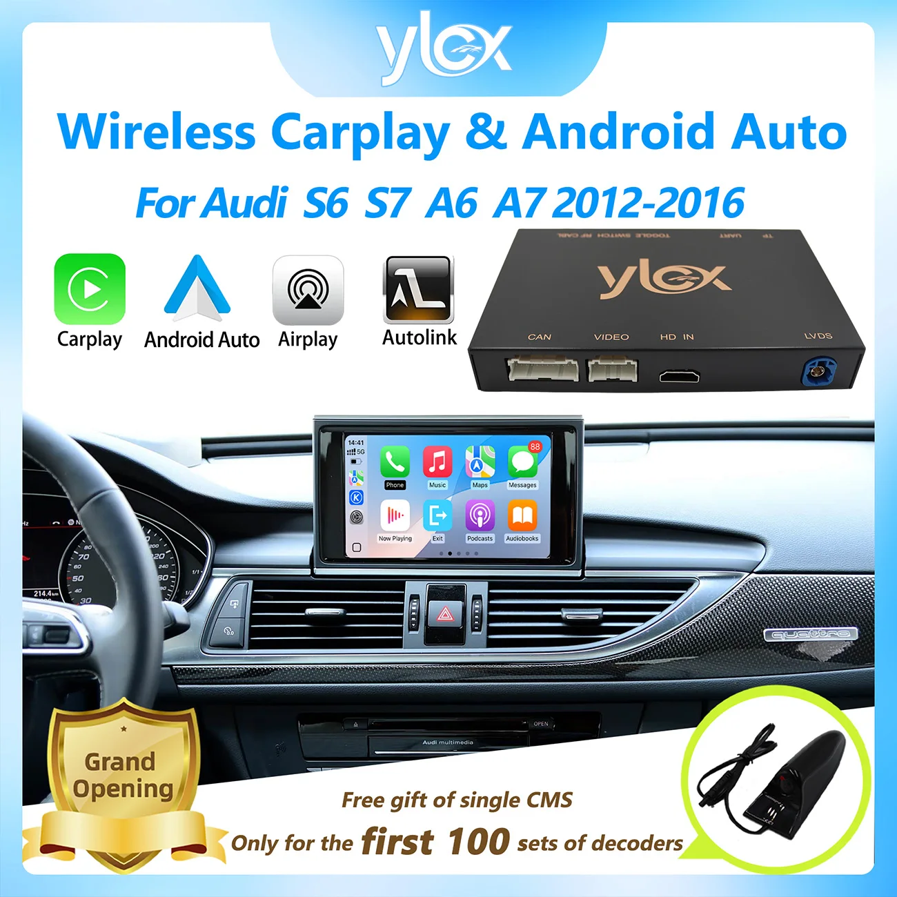 واجهة أوتوماتيكية CarPlay اللاسلكية لنظام أودي A6 A7 S6 S7 2012-2016 HN مع وظائف تشغيل السيارة بمرآة وصلة AirPlay #1