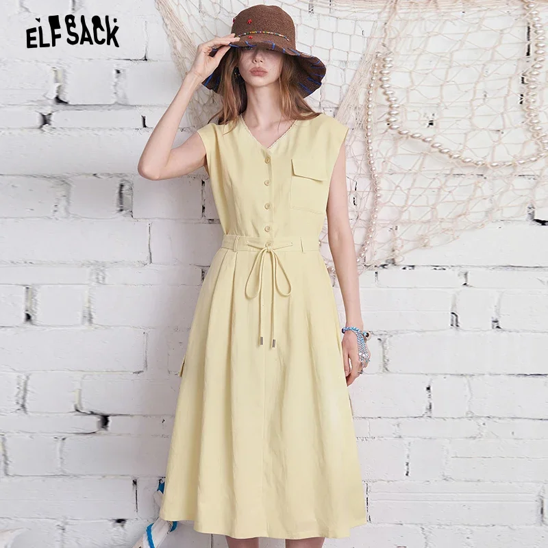 ELFSACK  V Neck Button Midi Dress, Drawstring High Waist Cargo Pocket Dress, Casual Daily Work Outfit