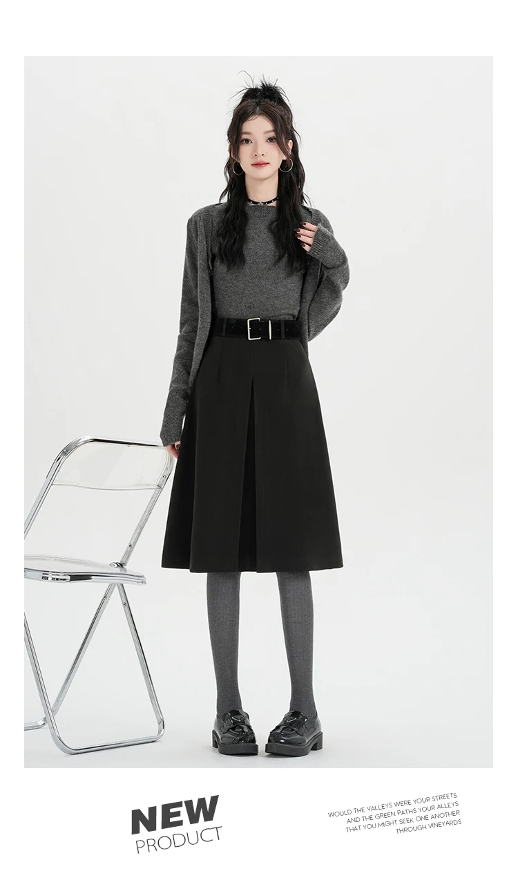 Hochgeschnittener Rock für Damen, Herbst/Winter 2026, Neuheit, Wollrock für Damen, Grau oder Schwarz, A-Linien-Rock für Damen mit Gürtel, Bestseller – Detail 10