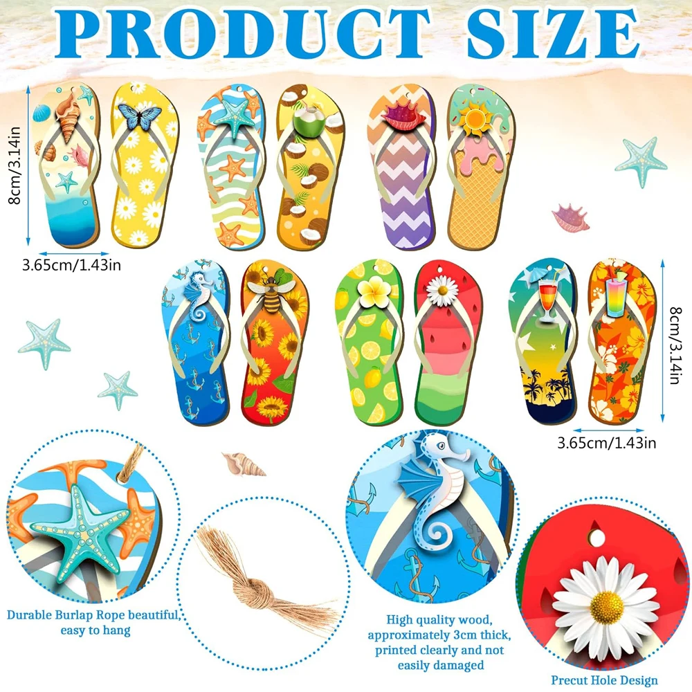 12Pcs Summer Wood Hanging Ornaments Summer Flip Flop Wood Chip Hanging Tree Hanging Ornament Wood Tags Colorful Ornament image 2