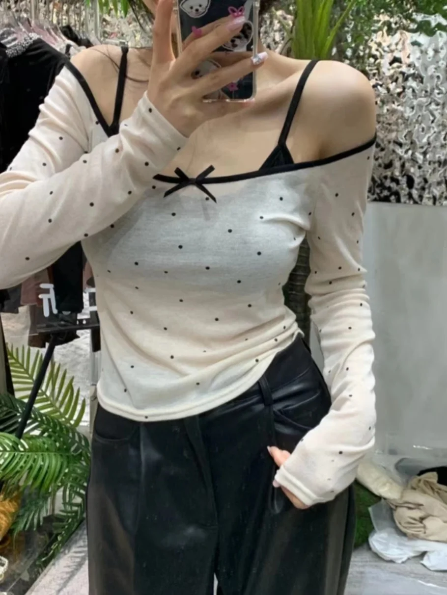 

Осенне-зимний комплект для женщин больших размеров: облегающая футболка с бантом и топ на одно плечо в горошек для скрытия живота