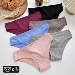 FINETOO 3PCS/SET Cotton Ribbed Striped Underwear for Women Plus Size 10 Soild Colours Stretch Briefs Ladies Soft Lingerie S-7XL