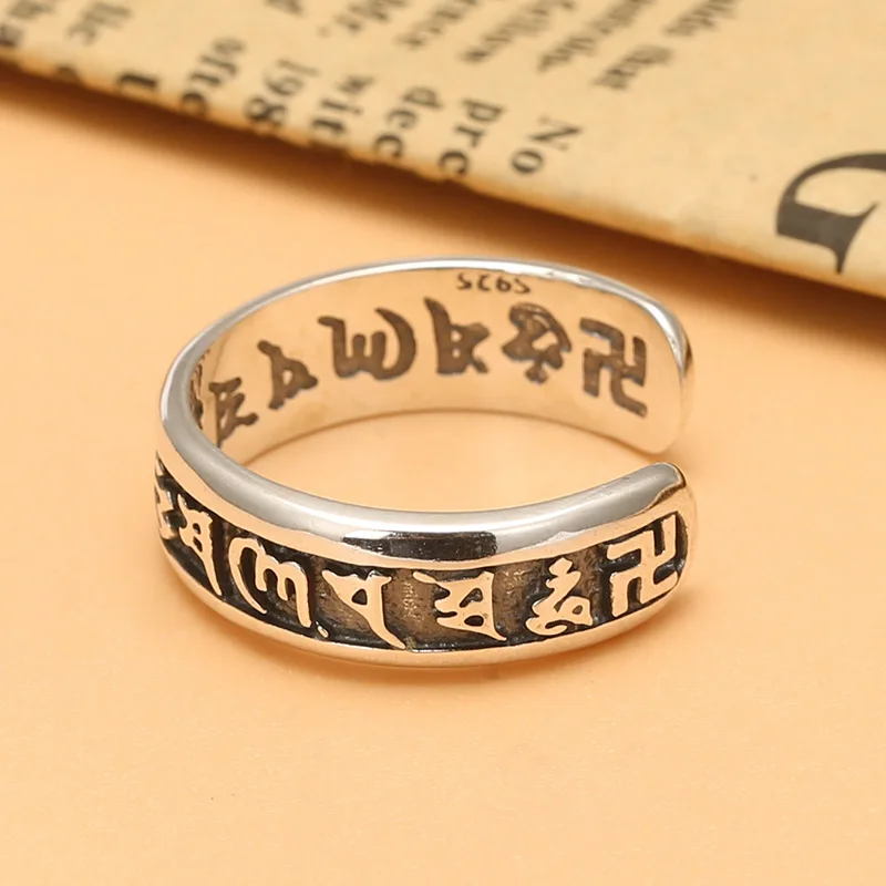 s925 sterling silver ornament Thai silver distressed ring six words mantra ten thousand words open ring personalized tail ring