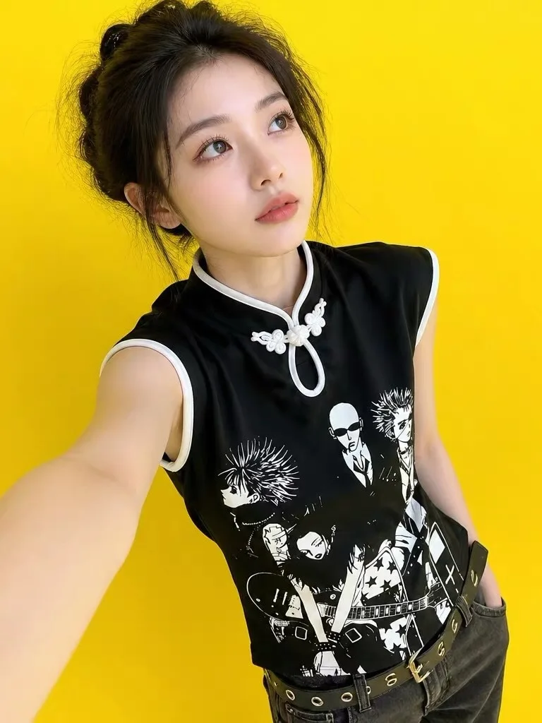 Y2K Women Sleeveless Cheongsam Top NANA Anime Band Print Frog Button Slim Fit Chinese Style Cropped Tank Tee