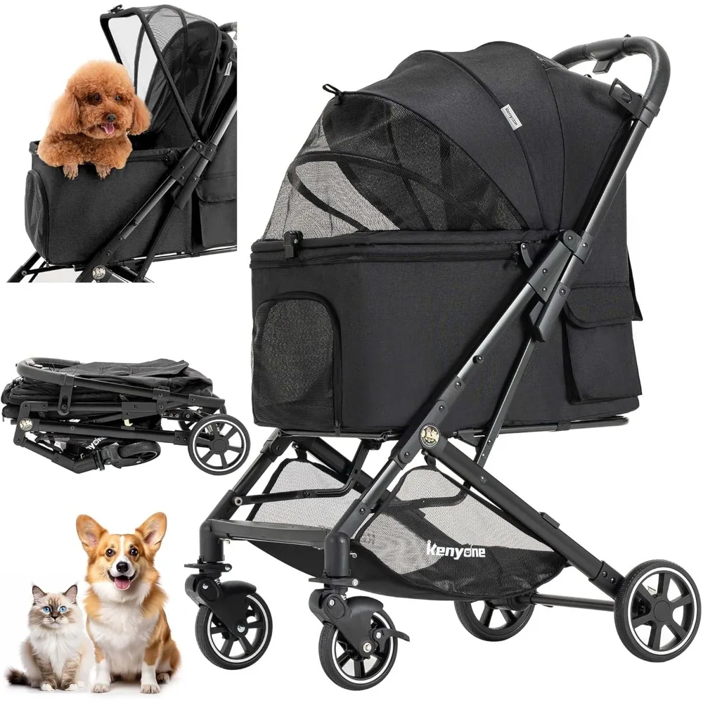 Kenyone Pet Stroller for Small to Medium Dogs Durable Cat Stroller with Lightweight Aluminum Frame, One-Click Folding, No Zip