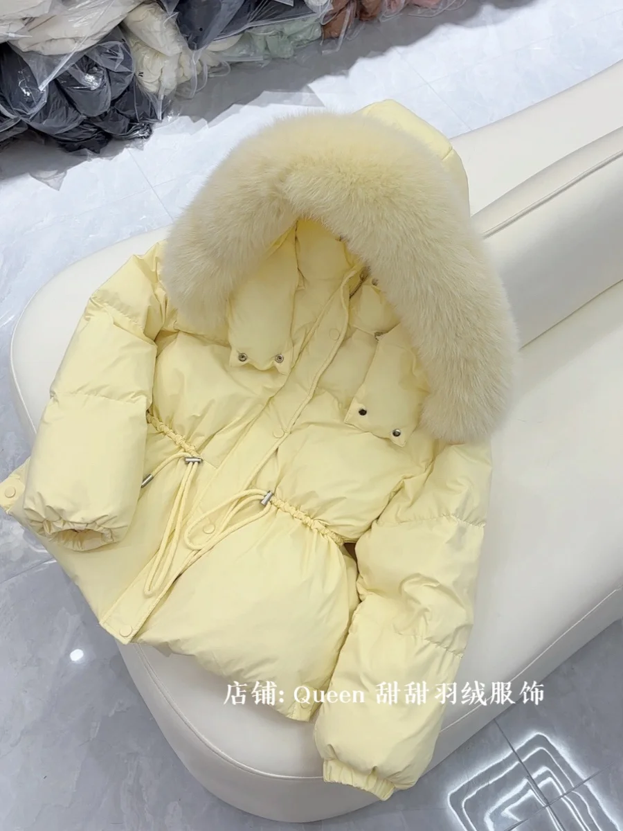 Cream Yellow Short Slim-fitting White Duck Down Thick Winter Coat 2024 New Fox Big Fur Collar Slim Fit Elegant Jacket Women