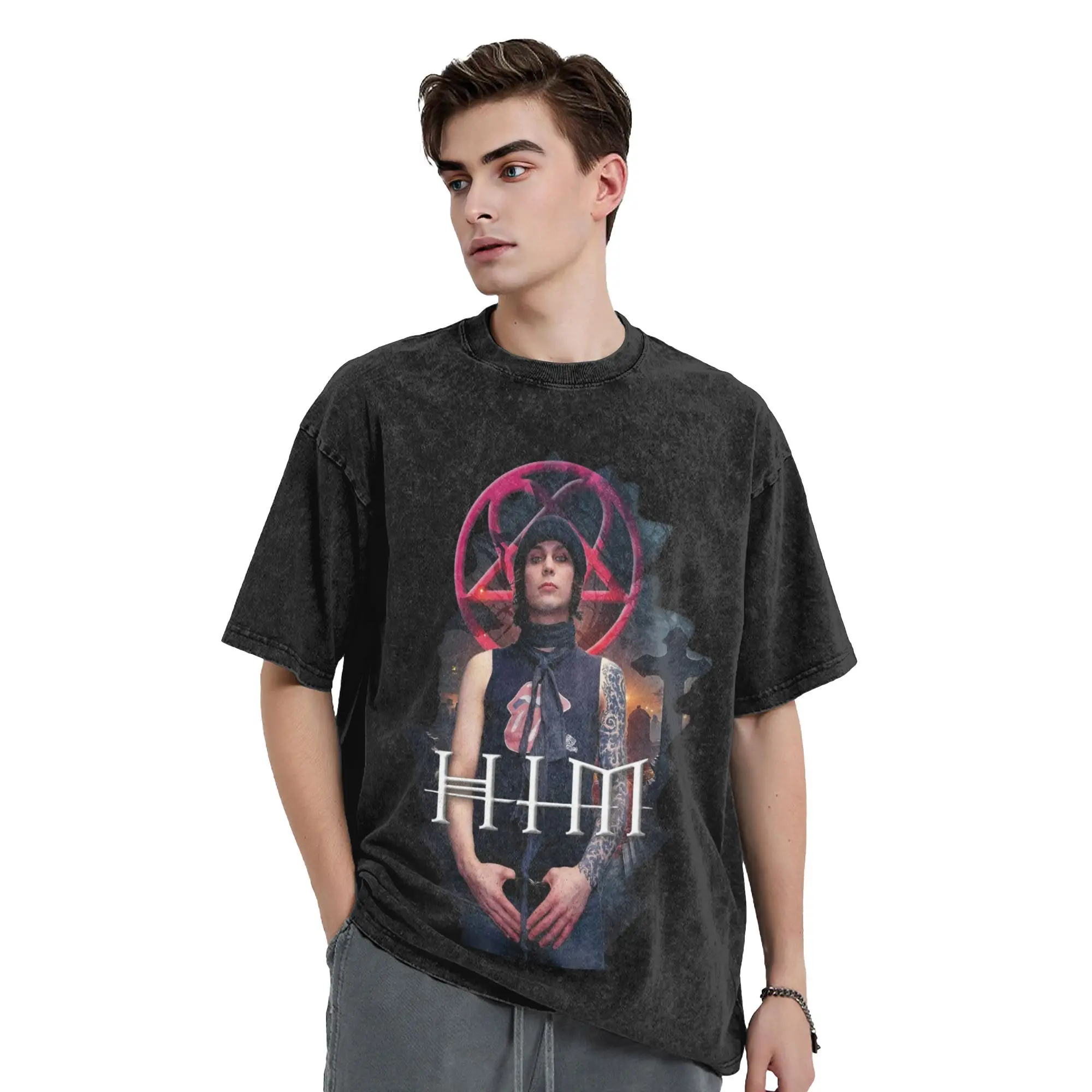 

Промытые футболки Him Band Ville Valo Heartagram, винтажные футболки в стиле хип-хоп, топы с короткими рукавами и графическим принтом, футболки для мужчин и женщин