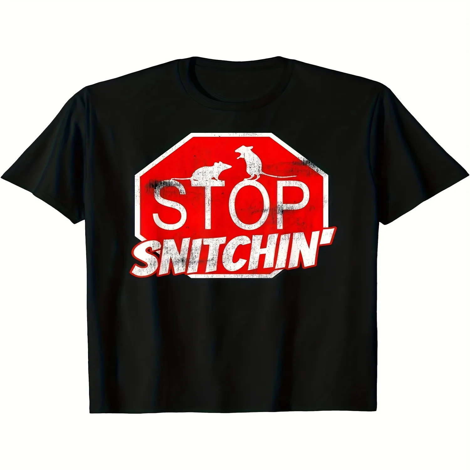 Men's Black Cotton Crew Neck T-Shirt with Bold Stop Snitchin' Graphic Print - Regular Fit Casual Tee for All Seasons, Gym, Parties Holidays - Machine Washable Knit Fabric, Gym Apparel, HolidaSam Gift for him, Retro graphic tee