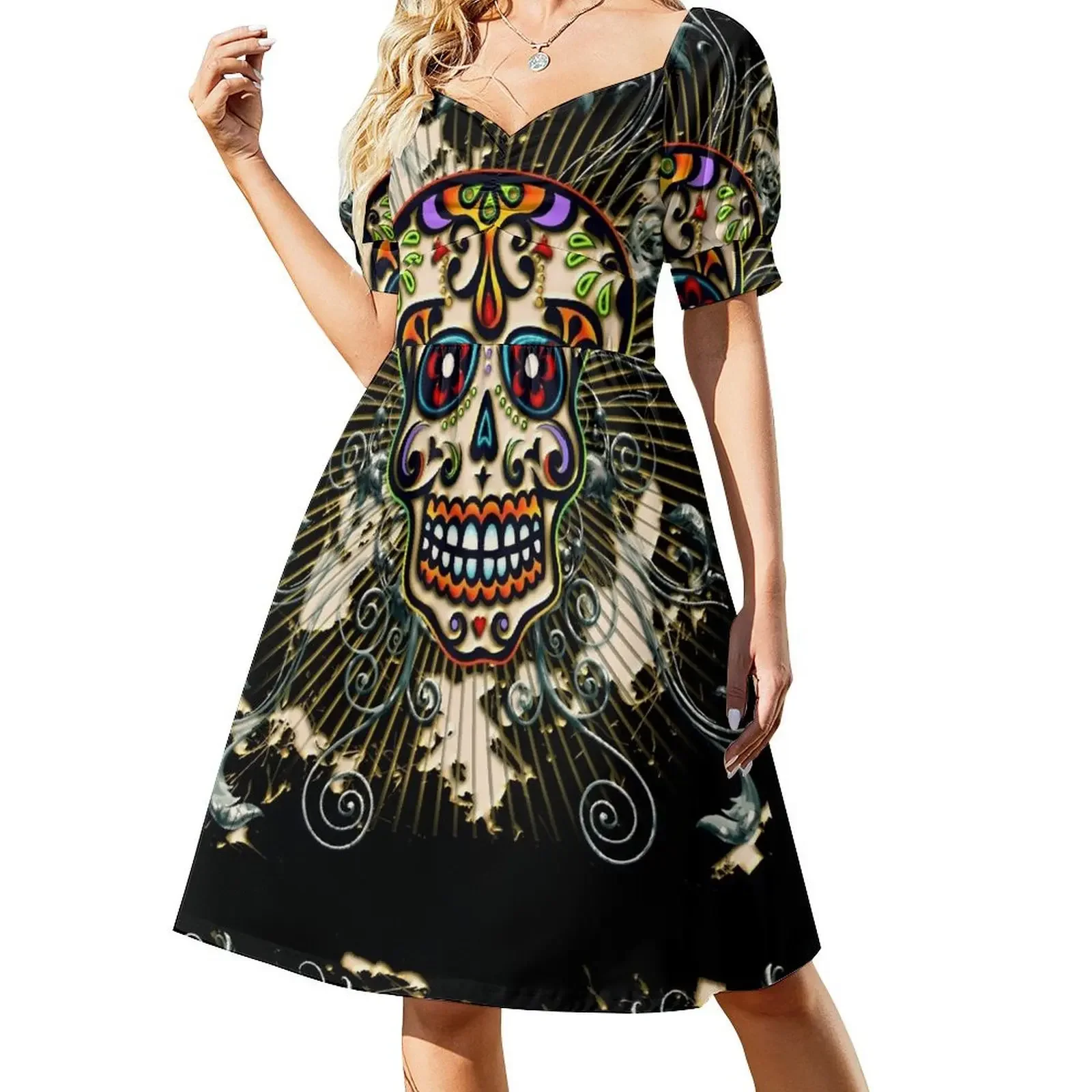 

Mexican skull, sugar skull, Day of the Dead, pattern, ornaments, dia de los muertos Sleeveless Dress