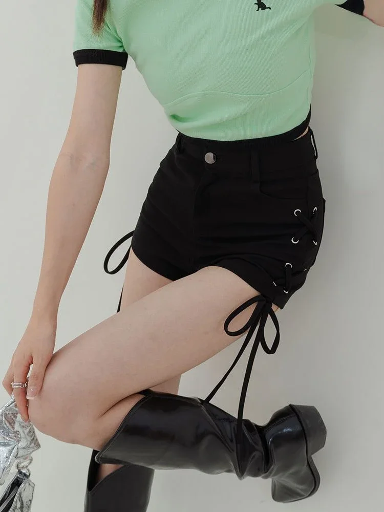 Black Shorts Women Bandage Design Skinny Hotsweet High Waist Chic Summer All-match Korean Style Streetwear Ins Mature Elegant