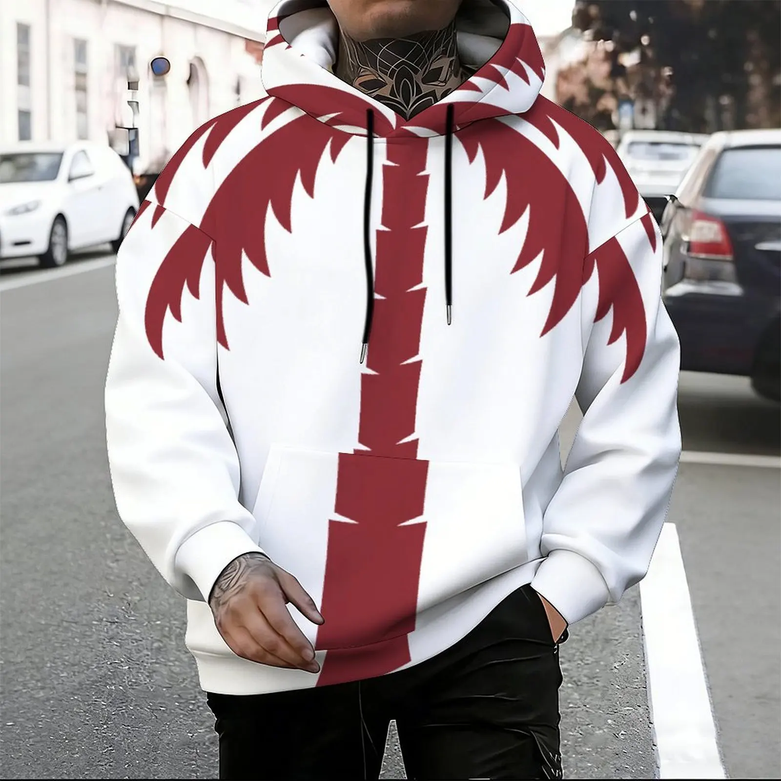 Men Printed White Hoodie Red Jagged Pattern Long Sleeve Drawstring Pullover with Kangaroo Pocket