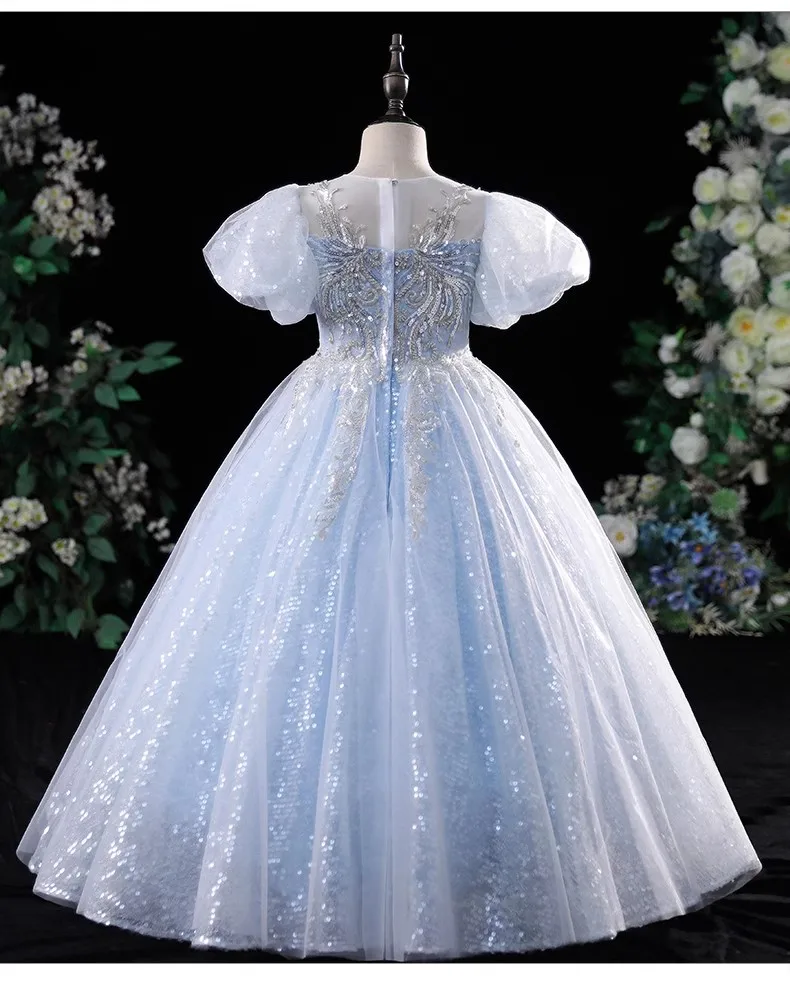 Schillernde blaue ärmellose Satin Baby Mädchen Geburtstags kleid Blumen mädchen Reiß verschluss Hochzeit Taufe Party Prinzessin formelle Leistung