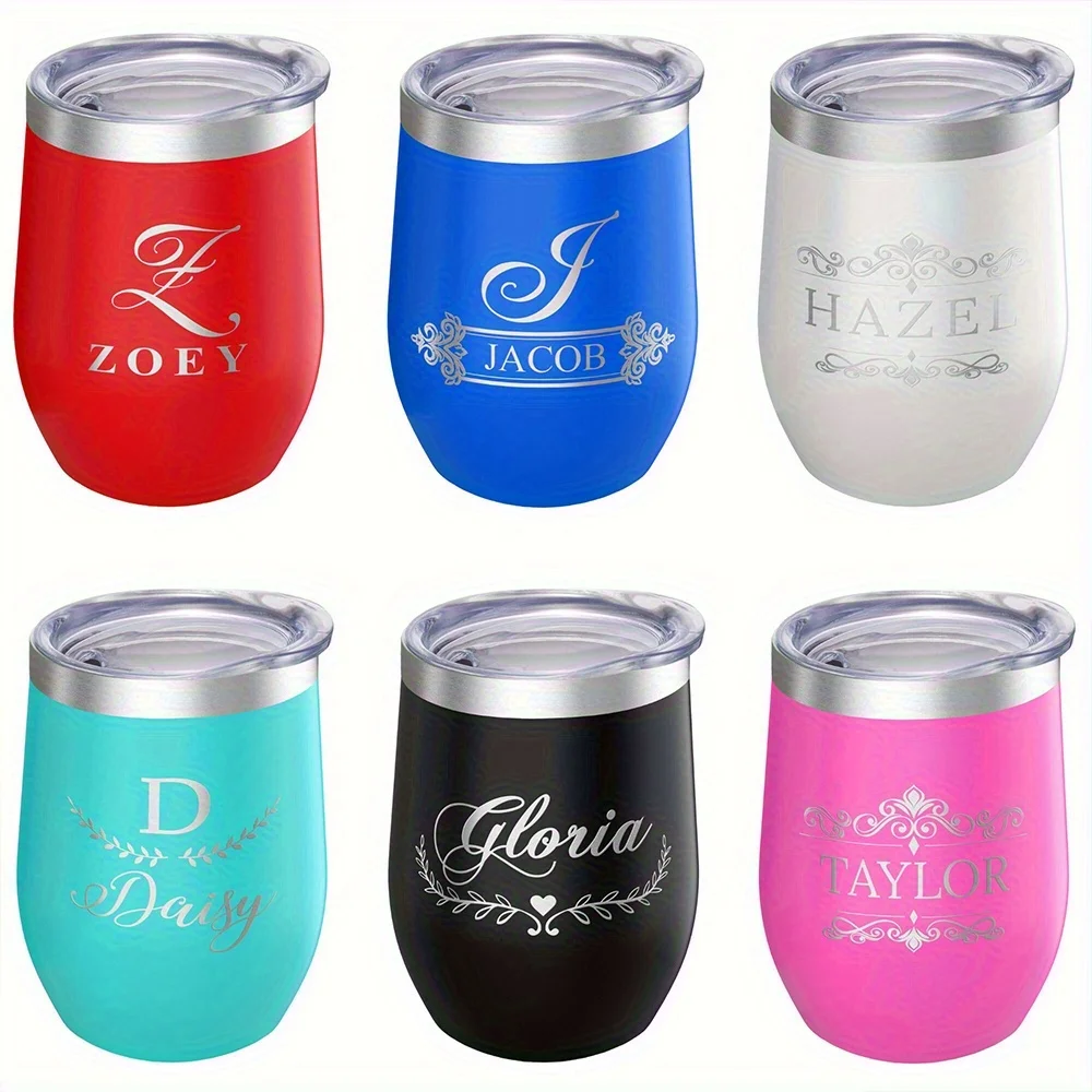 Personalized Monogram Name Wine Tumbler, Custom Initial Stainless Steel Insulated Cup with Lid, Portable Thermal Wine Glass Gift view 3