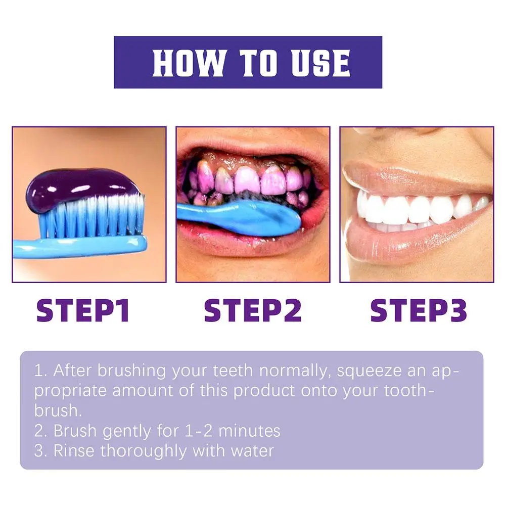 Pasta de dientes púrpura para blanquear los dientes, eliminación de manchas dentales, Corrector de color, limpia de forma efectiva el brillo de la