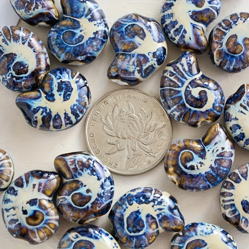 Blue And White Jingdezhen Ceramic Snail Beads | Large Hole Spiral Pendants, Ocean Conch Beads, Jewelry Making Materials