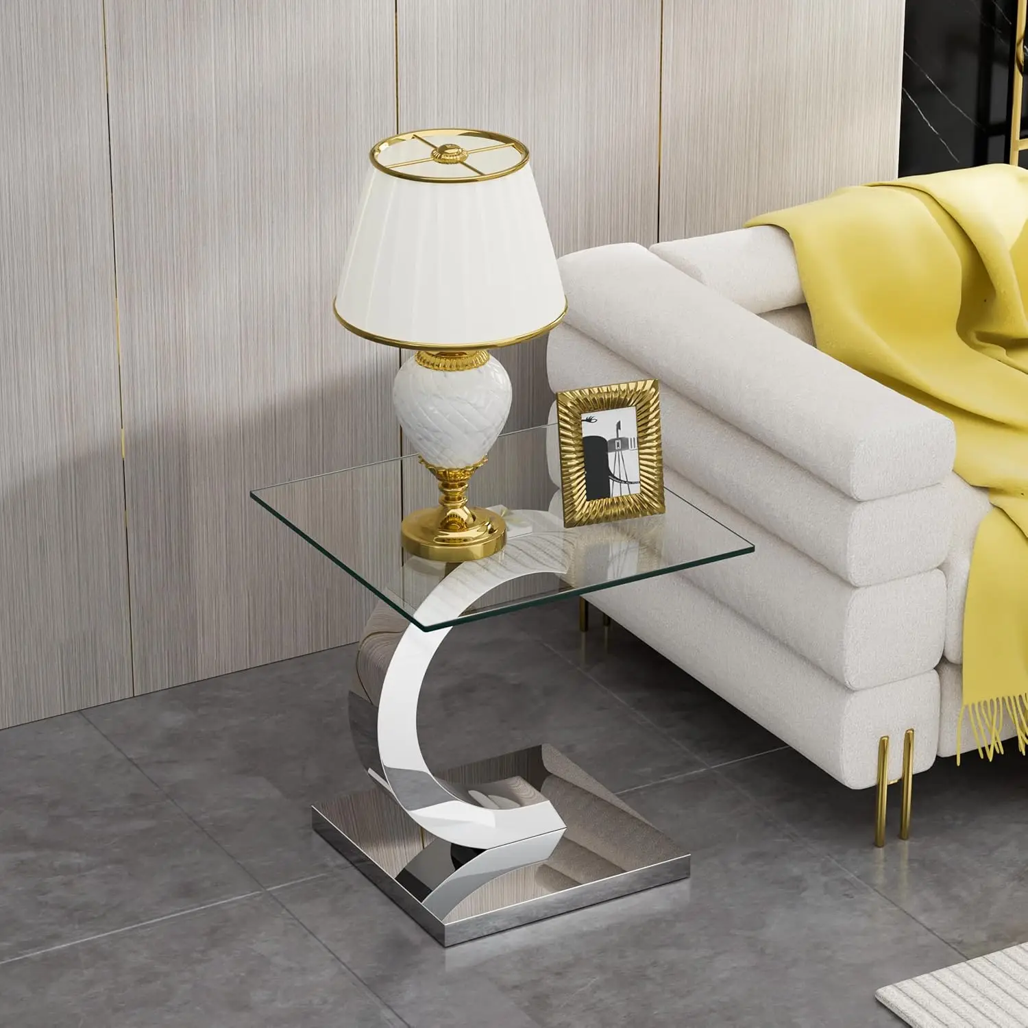 Glass End Table, 22.83"" Square Side Table With Tempered Glass Top And Silver Mirror Finish Stainl Steel C-Shaped Base, Modern