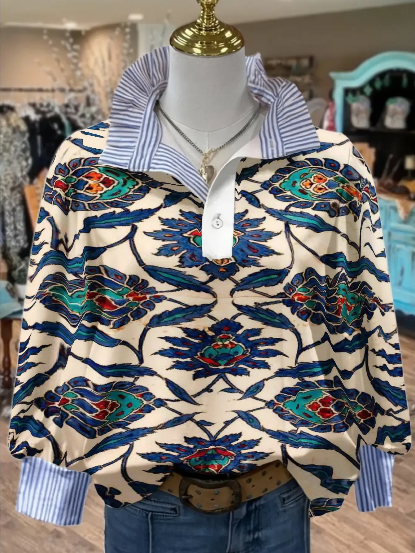 Women's striped personalized fashion shirt, multi-color striped collar, Colorful checkered patchwork clothing