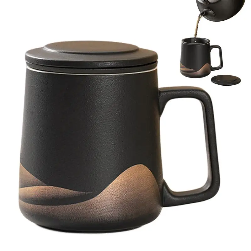 

Tea Cup With Infuser And Lid 360ml Tea Steeper Cup Matte Ceramic Hand-Painted Black Glaze Filter Tea Kettle For Men Women Tea