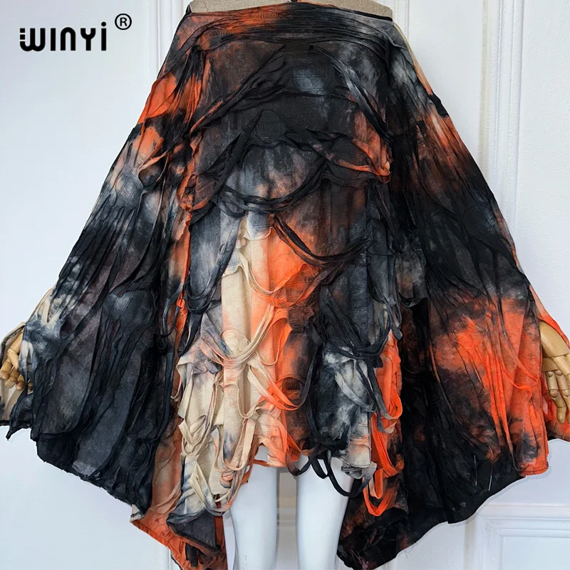 Winyi 2024 Tie-Dye-Print Sommer tief hohe Gabel sexy Kleid elegante boden fegende Abendkleid Frauen Beach wear Kaftan