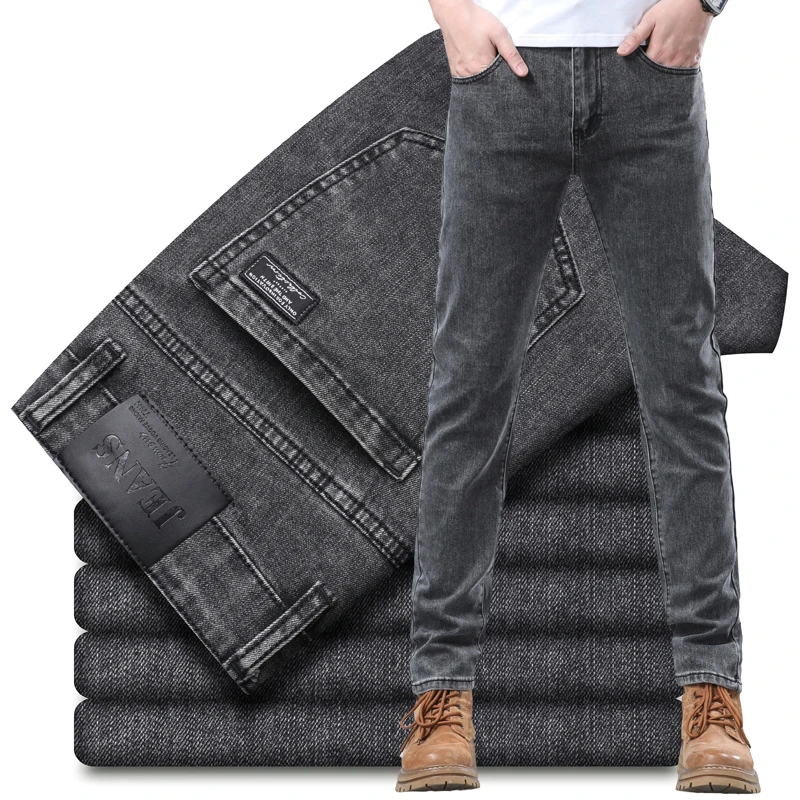 

2026 Spring New Men's Gray Jeans Fashion Slim Straight Business Casual Trousers Elastic Comfort Korean Washed Denim Pants