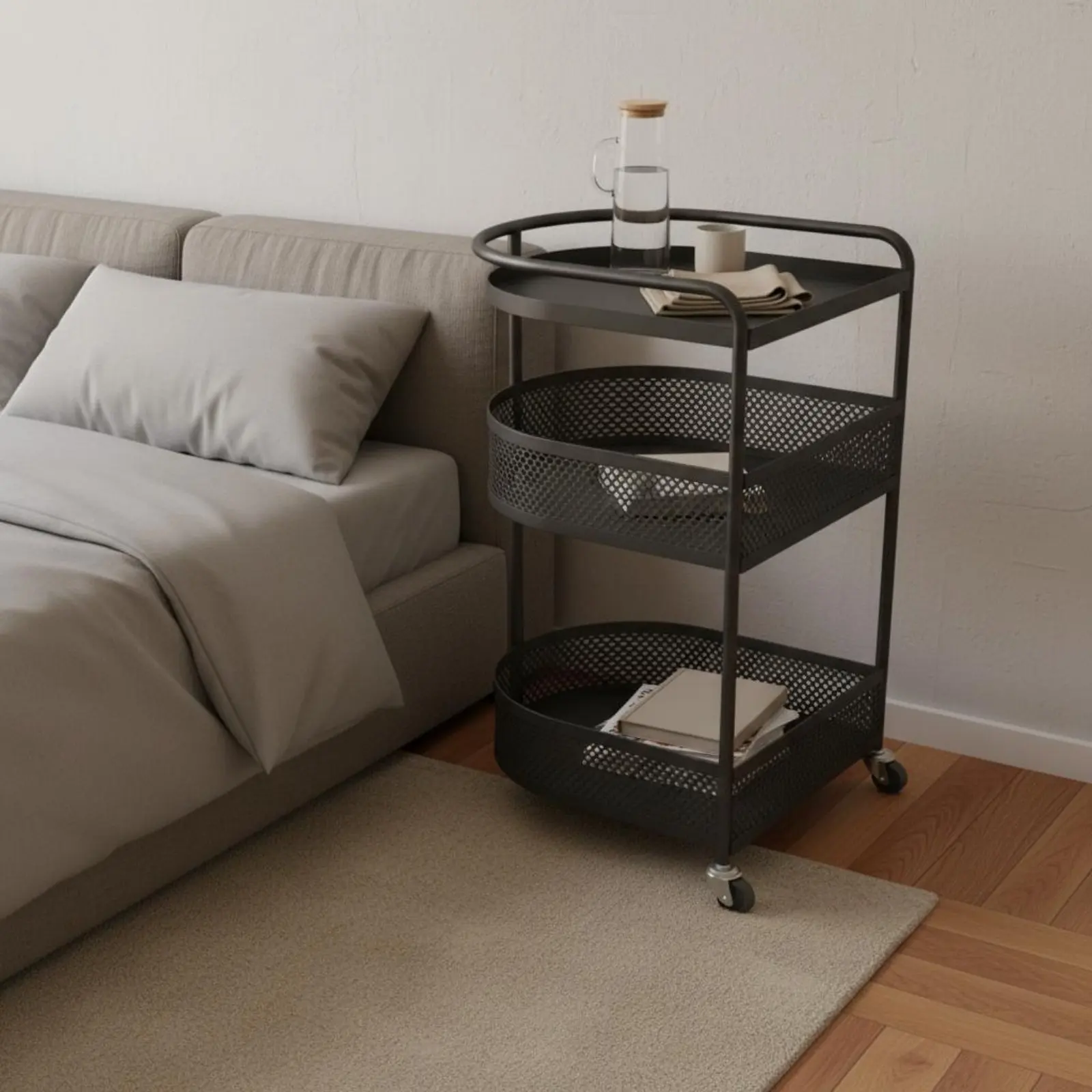 Mini Mobile Accent Table with Wheels Rolling Side Table 3-Tier Rolling Trolley Space Saving Nightstand Trolley Easy to Move