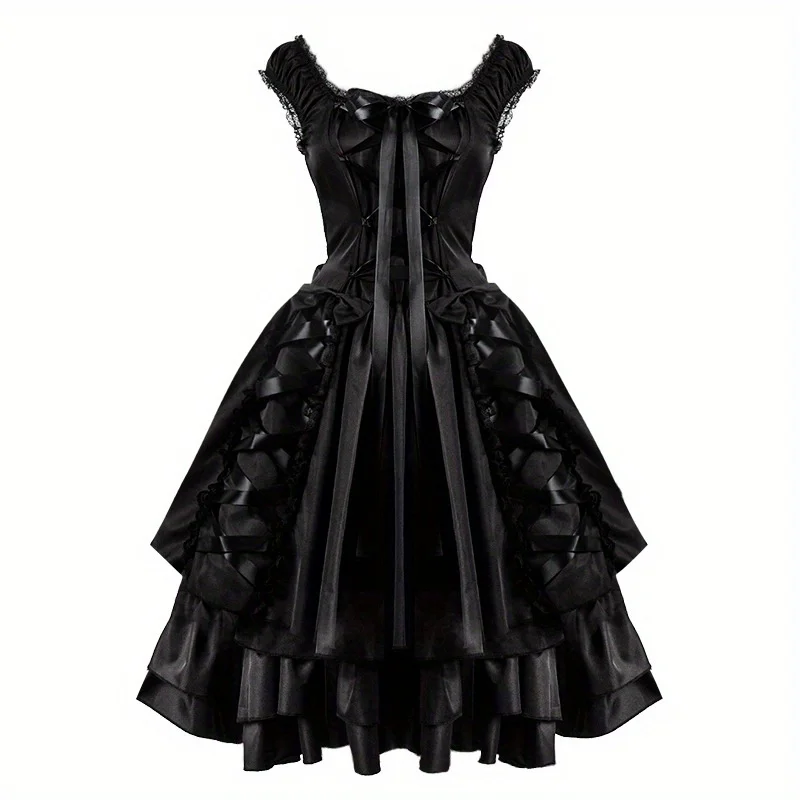 

2025 New Dress Halloween Vintage Gothic Lace Strap Maid Dress Women's Dress Accessories Set