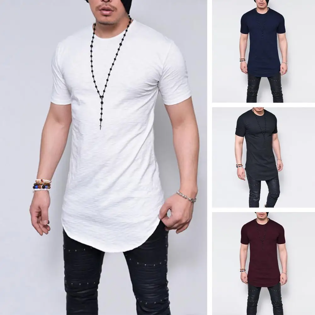 Men T-shirt Solid Color Round Neck Slim Fit Mid Length Short Sleeves Daily Wear Irregular Hem Thin Men Summer Top Men Clothes