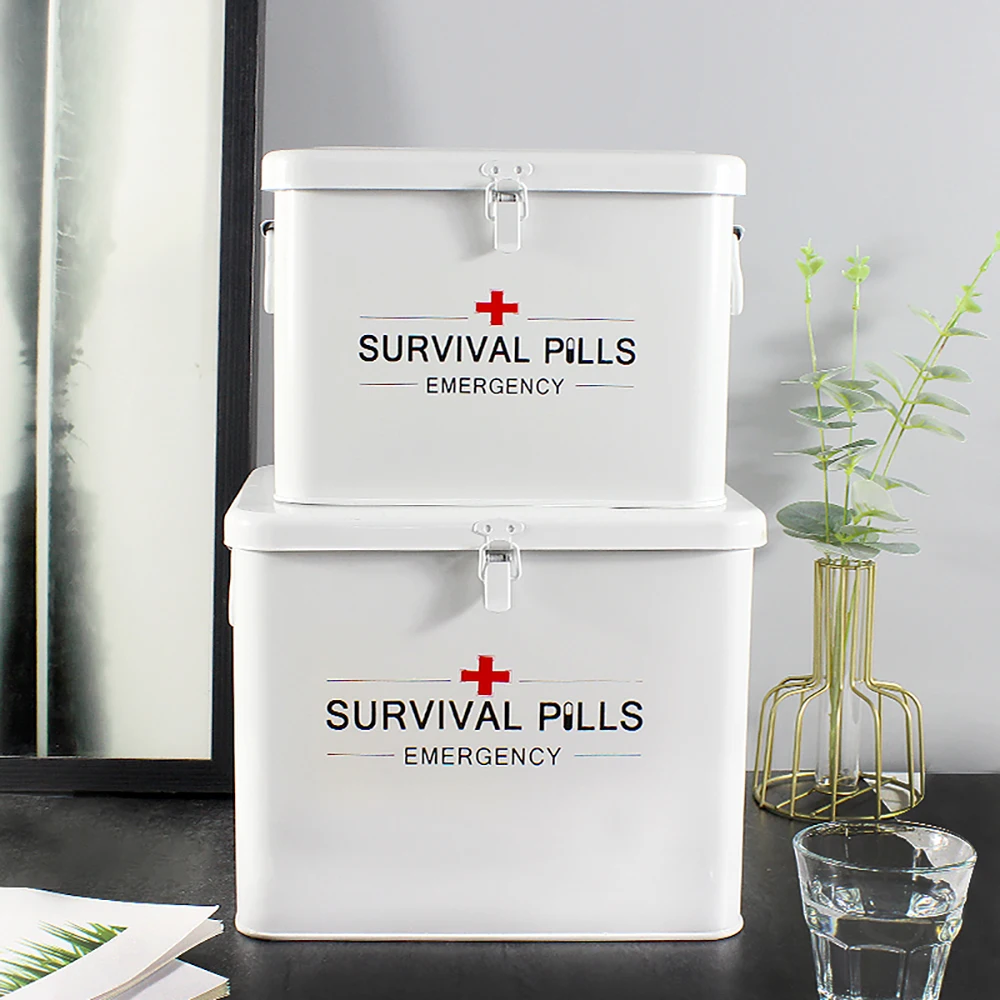 Double Layer Metal Pill Box Medical Kit White Medicine Storage Box with Lock Organizer Portable First Aid Kit Home Pills Cases