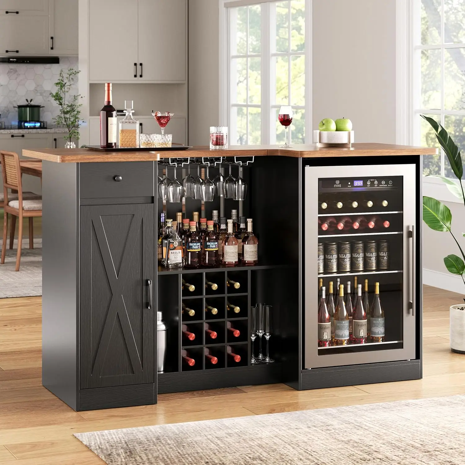 72" U-Shape Liquor Cabinet with Fridge Space, Wine Rack & Glass Holder Bar, Storage for Pub Basement Living Room, Customized image 6