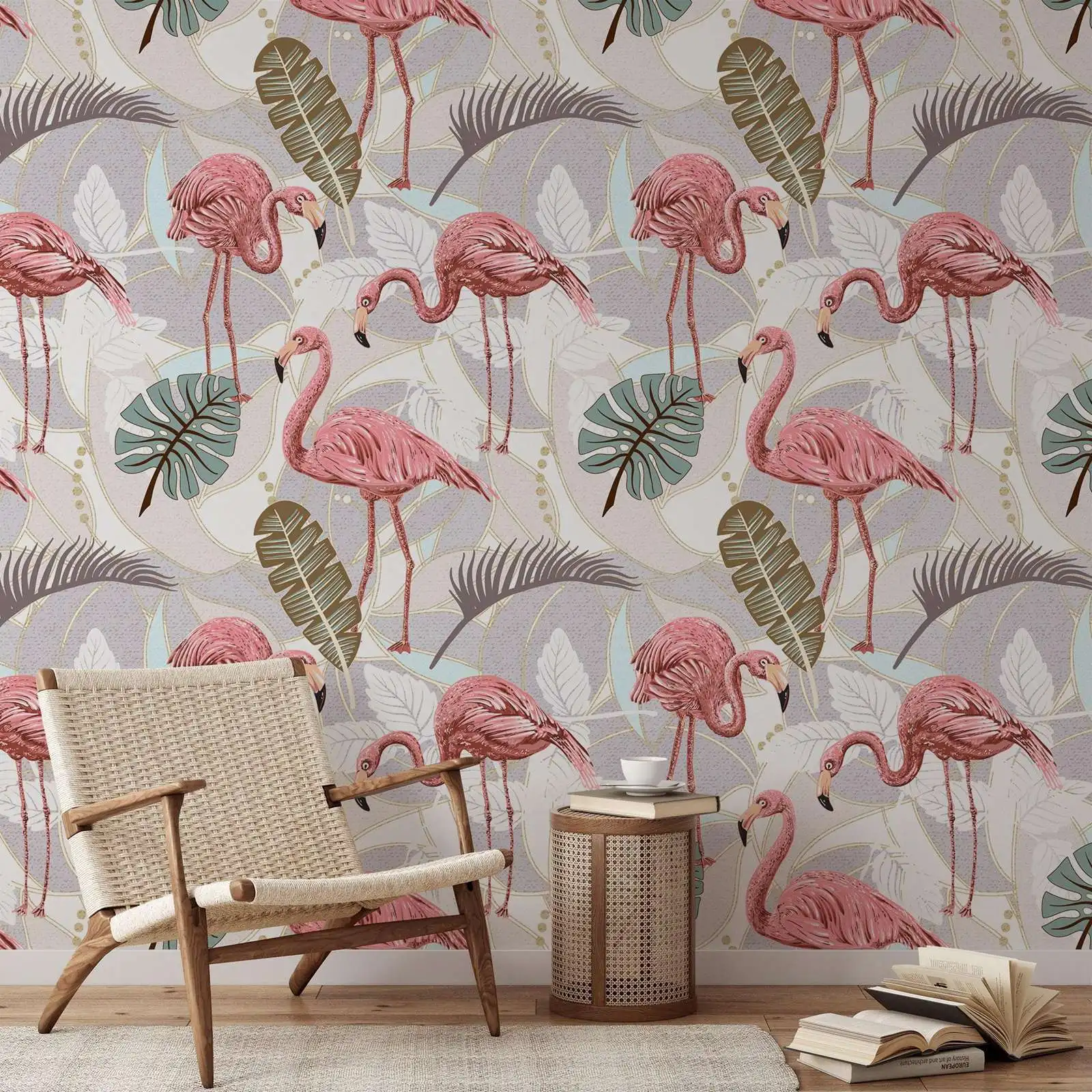 Elegant Pink Flamingo and Palm Leaves Wallpaper, Tropical Peel & Stick Mural, Flamingos Wall Decor, Self-adhesive Or Traditional