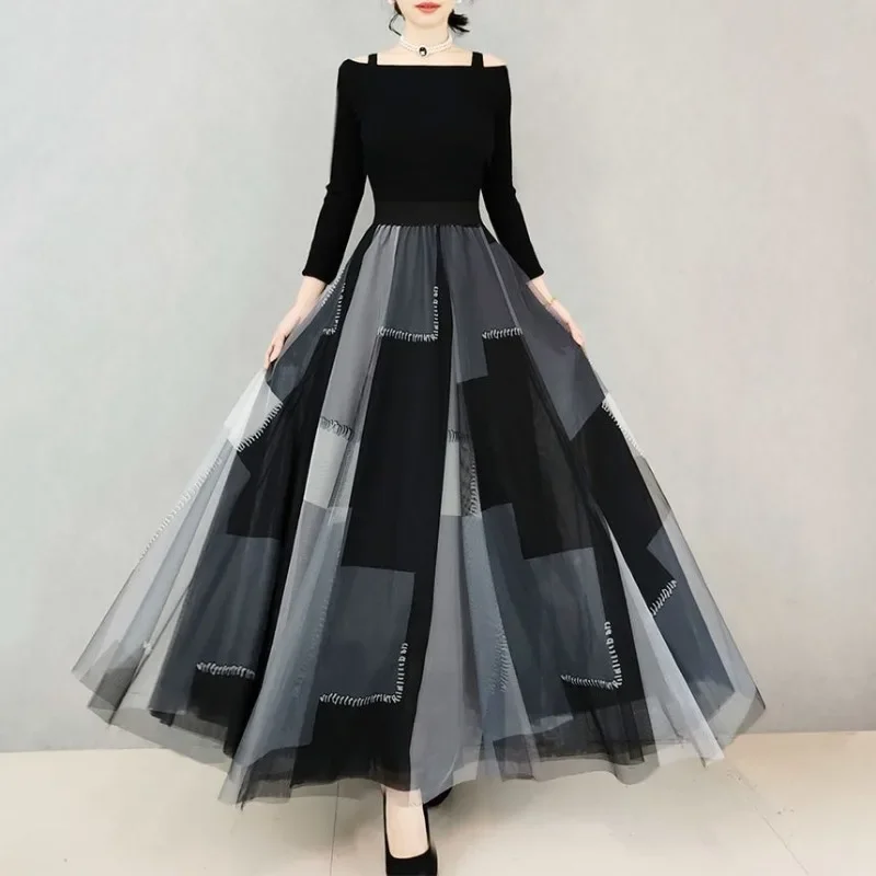 2024 New High Waist Pleated Midi Skirt Female Fashion Patchwork Women's Spring Summer Elegant High Street Mesh Tulle Long Skirts