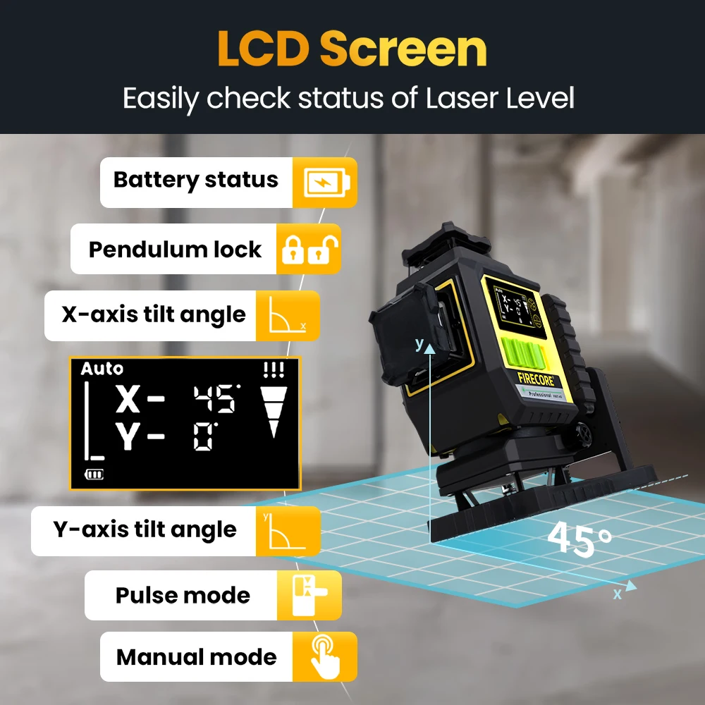 FIRECORE F95T-4G 16 lines 4D Green Laser Level 360 6600mAh Li-ion Battery Self-Leveling,X/Y axis angle display,Remote Control