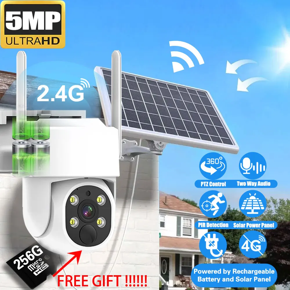 

Support 256GB TF Card 5MP Solar Camera Rechargeable Battery PIR Detection Outdoor PTZ Wireless WIFI IP Camera Color Night Vision