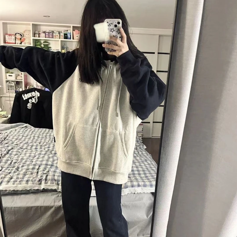 Deeptown Vintage Hoodies Women Casual Korean Preppy Style Oversized Basic Zip Up Sweatshirts Autumn Chic Female Harajuku Fashion