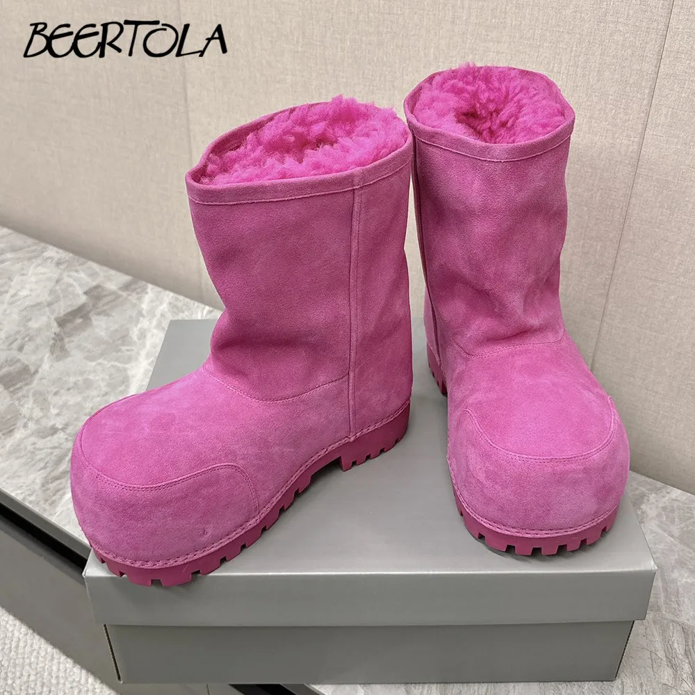 

Peach Pink Big Head Warm Mid-Calf Boots Suede Casual Plus Velvet Thickened Winter Ski Boots Large Size Unisex Style Boots