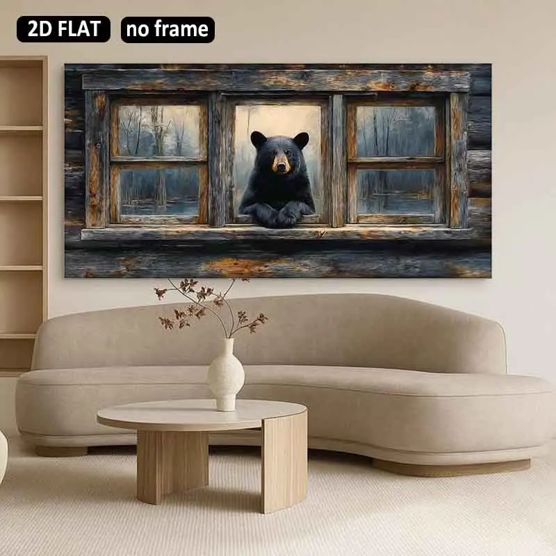 [2D Flat]1pc 23.6X47.2in 60cmX120cm UnFramed Modern Art Decoration Black Bear in Rustic Window