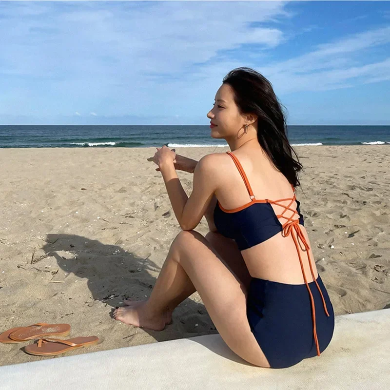 

High Waist Two Piece Swimsuit Thermal Spring Korean Style Hide Belly Slim Back Bikini for Vacation Girls Swimming Costume