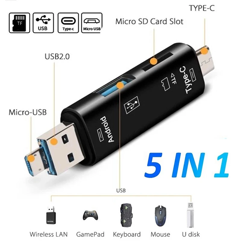 5 In 1 Usb 2.0 Type C/Usb /Micro Usb/Tf/SD Memory Card Reader Multifunction OTG Card Reader Adapter Mobile Phone Accessories