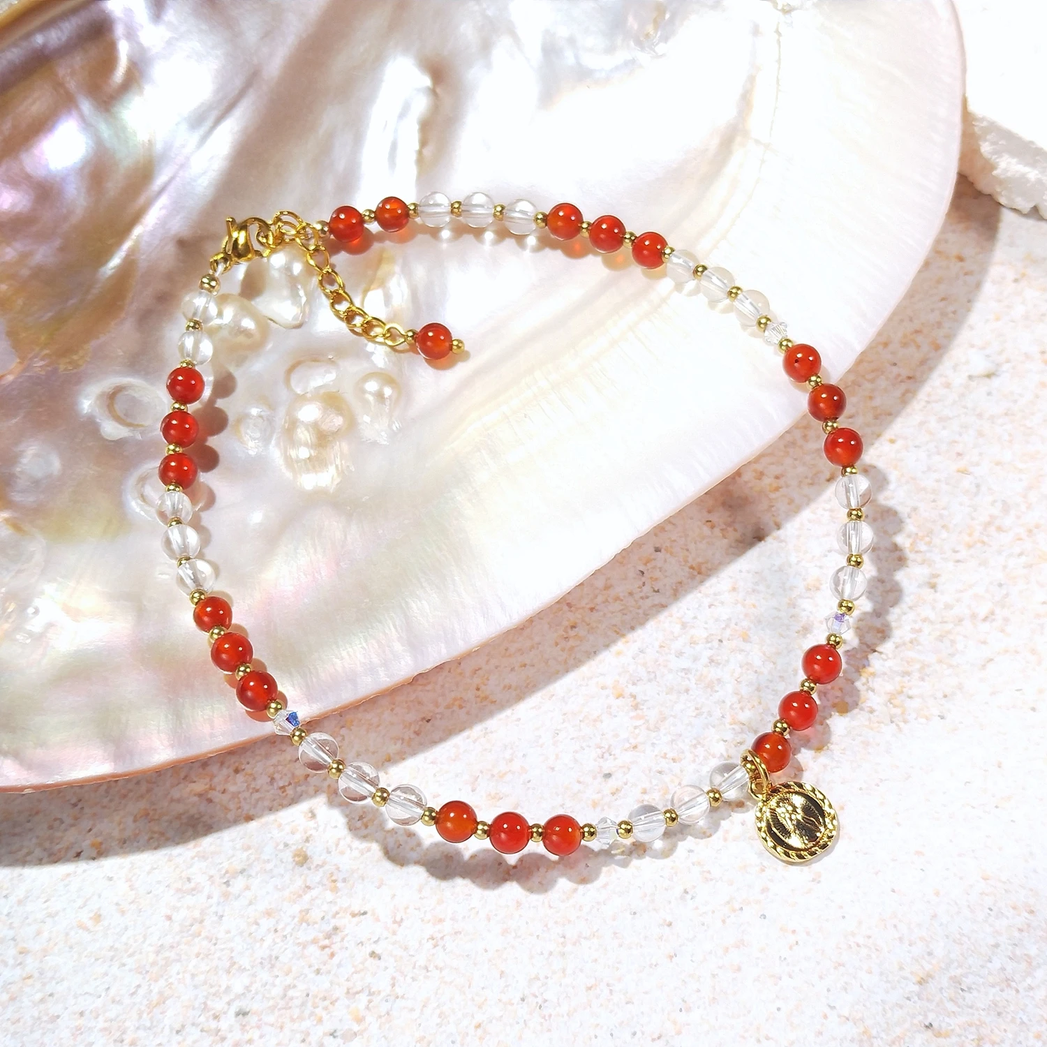 

Lii Ji Clear Quartz Carnelian 4mm Anklet 24+3cm Handmade Bohe Fashion Jewelry For Female